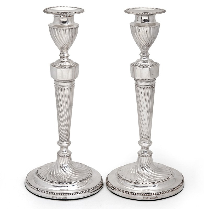 Victorian Silver Candlesticks with a Fluted Spiral Form Stem and Base