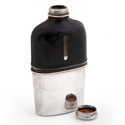 Victorian Silver and Black Leather Bound Hip Flask with a Gilt Lined Cup