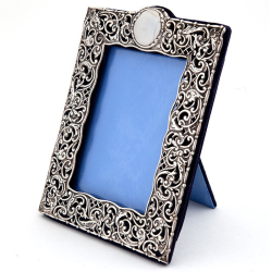 Ornate Antique Edwardian Silver Frame with Blue Velvet Covered Easel Stand