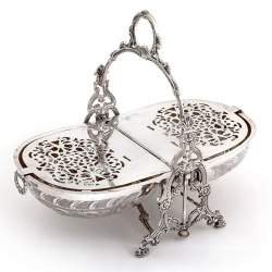 Victorian Silver Plated Folding Biscuit Box with Cast Handle and Ornate Legs