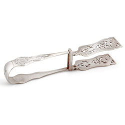 Victorian Kings Pattern Silver Plated Asparagus Tongs with Pierced and Engraved Scroll Pattern Blades