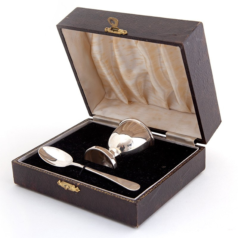 Boxed Christening Set Comprising Silver Egg Cup and Spoon