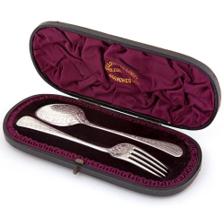 Boxed Victorian Silver Christening Spoon and Fork Engraved with Floral Scenes (1891)