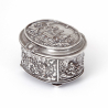 Victorian Silver Plated Jewellery Box Decorated with Repousse Figural Scenes of Hunting and Drinking