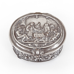 Victorian Silver Plated Jewellery Box Decorated with Repousse Figural Scenes of Hunting and Drinking