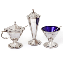 Boxed Silver 3 Pc Condiment Set with Trumpet Shaped Bodies and Square Shaped Finals
