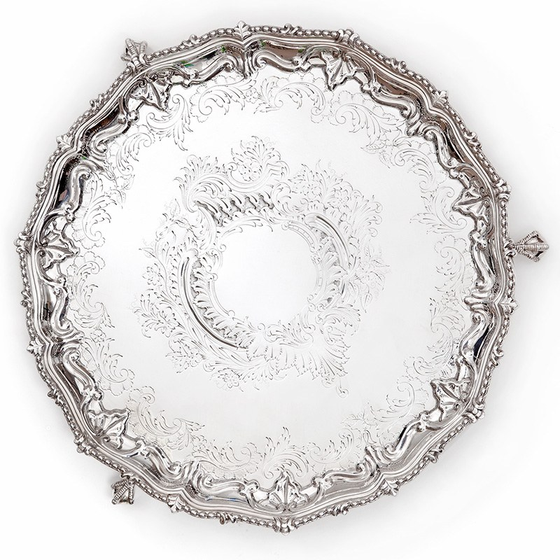 Antique Silver Plated Salver with Floral and Scroll Chasing on Three Claw and Ball Feet