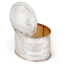 Victorian Oval Silver Plated Tea Caddy with Scroll and Floral Engraving and an Empty Cartouche