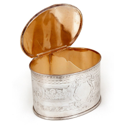 Victorian Oval Silver Plated Tea Caddy with Scroll and Floral Engraving and an Empty Cartouche