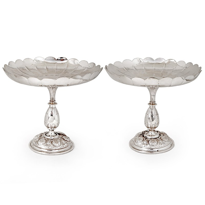 Pair of Antique Elkington Silver Plated Comports with Fluted Scalloped Bowls