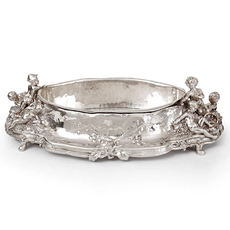 Antique Silver Plated Jardiniere with Scenes of Cherubs Picking Grapes and Cherubs in a Barley Field