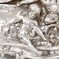 Antique Silver Plated Jardiniere with Scenes of Cherubs Picking Grapes and Cherubs in a Barley Field