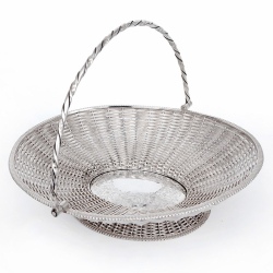 Antique Silver Plated Oval Basket Formed From Woven Wire Work