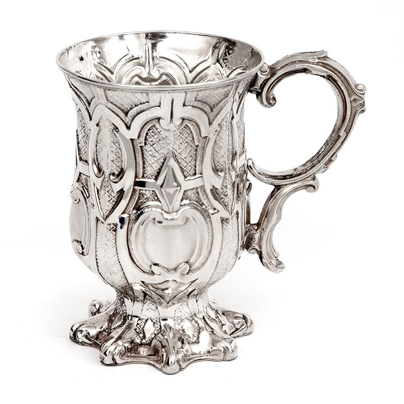 Antique Silver Plated Christening Mug Constructed From Four Embossed Panels