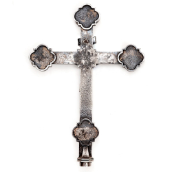 Antique Rose Tipped INRI Crucifix Cast in Silver Plated Copper