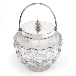 Antique Silver Mounted Biscuit Barrel with Deep Cut Glass Diamond Pattern Body