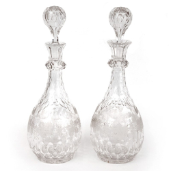 Pair of Antique Cut Glass Decanters Hand Engraved with Grape and Vine Decoration