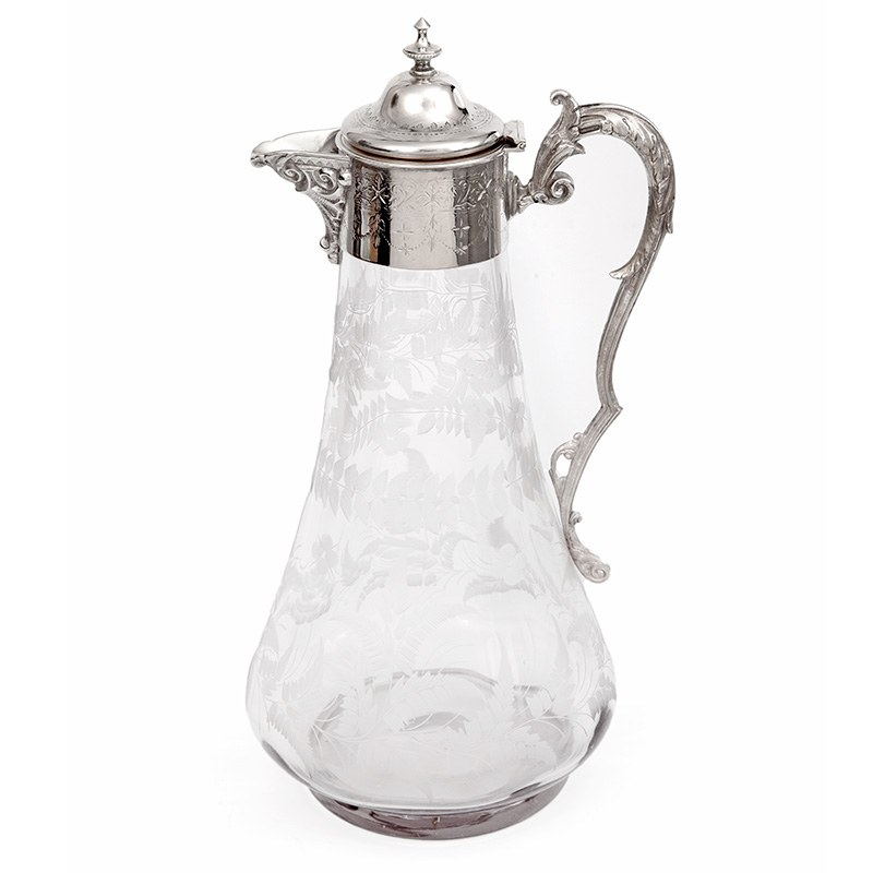 Antique Silver Plated Claret Jug with a Hand Engraved Glass Body