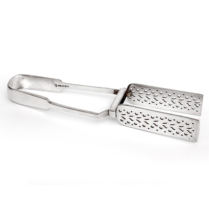 Silver Plated Asparagus Tongs with Rectangular Blades Pierced with Star and Scroll Decoration