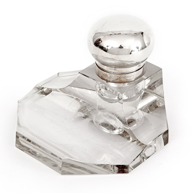 German 800 Grade Silver and Glass Ink Stand with Hinged Lid (c.1900)