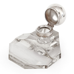 German 800 Grade Silver and Glass Ink Stand with a Hinged Bun Style Lid