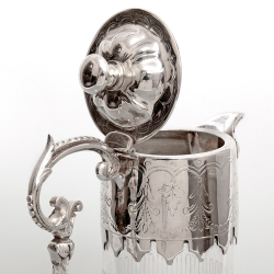 Antique Silver Plated Claret Jug with a Mythical Mask Spout and Engraved Glass Body