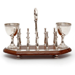 Antique Oak and Silver Plated Toast Rack with Two Egg Cups