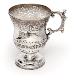 Silver Plated Christening Mug with Floral and Scroll Decoration and Applied Figural Handle
