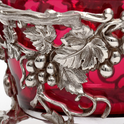 Antique Silver Plate Sugar Basket with a Cranberry Glass Liner and Grape and Vine Sides