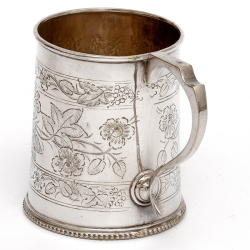 Antique Silver Plated Christening Mug with Floral Scenes and Bracket Handle