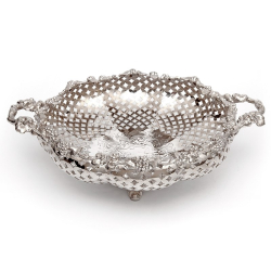 Silver Plated Circular Basket with a Cast Grape and Vine Border and Rustic Handles