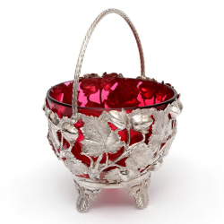 Antique Silver Plated Sugar Basket with a Red Cranberry Glass Liner