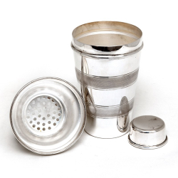 Vintage Silver Plated Three Piece Cocktail Shaker with a Banded Engine Turned Body