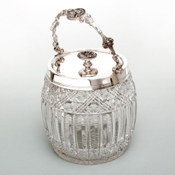 Victorian Cut Glass and Silver Plate Barrel with a Roman Motif Swing Handle