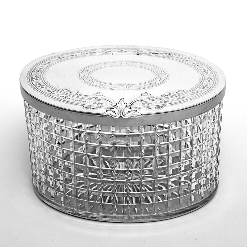 Oval Silver Plate and Cut Glass Box with a Flush Hinged Lid
