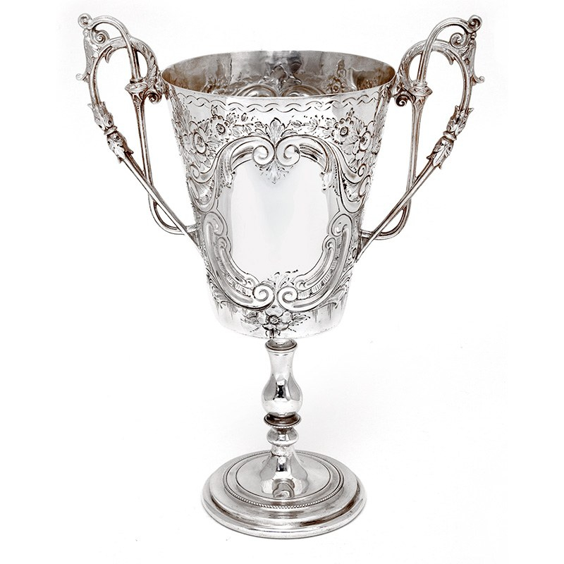 Antique Two Handle Silver Plated Trophy Cup Chased with Scrolls and Flowers