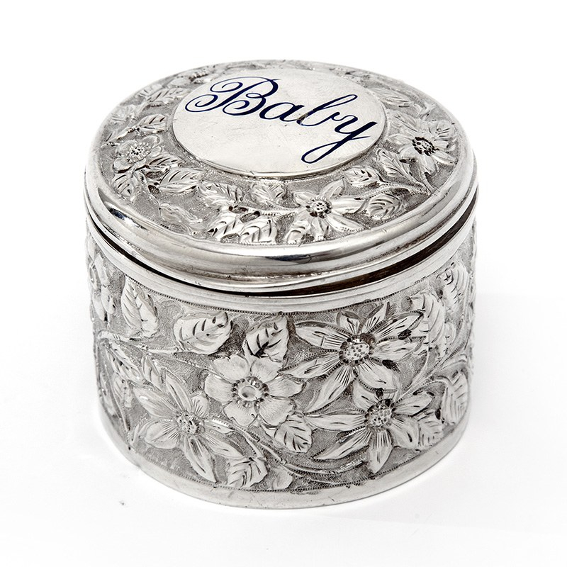 Antique Silver Jar with Baby Inscribed on the Lid with Blue Enamel (1916)