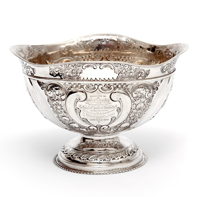 Antique Oval Silver Fruit Bowl Embossed with Scrolls and Flowers (1898)