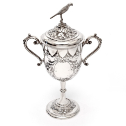 Victorian Silver Two Handle Presentation Cup with a Maker Bird Finial