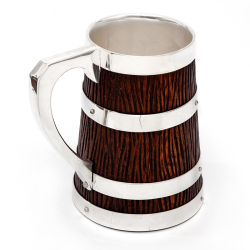 Victorian Oak and Silver Plated Mug with a Tapering Rustic Carved Body