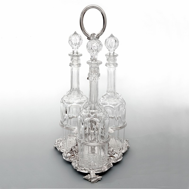 Victorian Silver Plated Cast Decanter Stand with Three Cut Glass Decanters