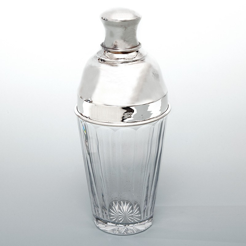English Glass and Silver Plated Three Section Cocktail Shaker