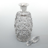 Heavy Silver Mounted Decanter with Glass Barrel Shaped Body and Deep Star Cutting