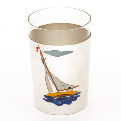 Vintage Silver Plated Cocktail Shaker and Eight Tumblers with Enamel Painted Sailing Boats