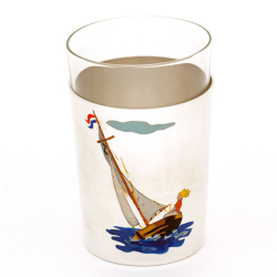 Vintage Silver Plated Cocktail Shaker and Eight Tumblers with Enamel Painted Sailing Boats