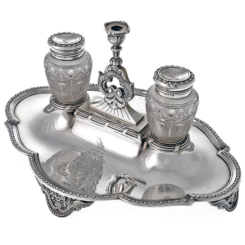Antique Elkington Silver Ink Stand with Two Glass Inkwells (1874)