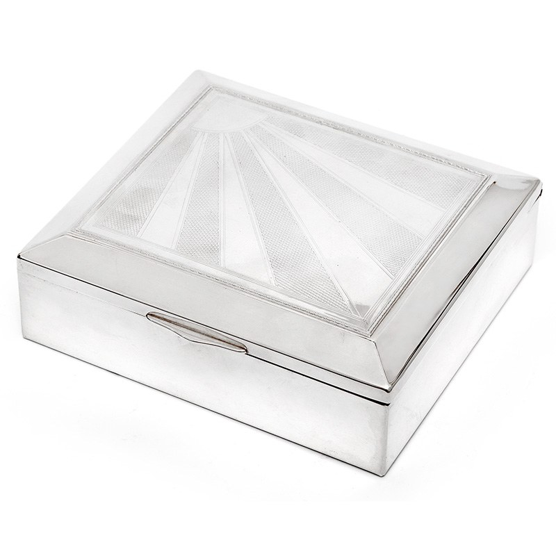 Vintage Silver Plate Box with a Hinged Lid Featuring a Star Burst and Engine Turned Design