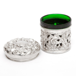 Victorian Silver Dressing Table Jar with a Pull Off Lid and Bristol Green Glass Liner