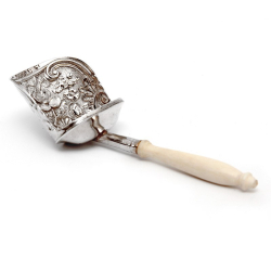 Georgian Shovel Shaped Silver Tea Caddy Spoon Embossed with Flowers and Scrolls