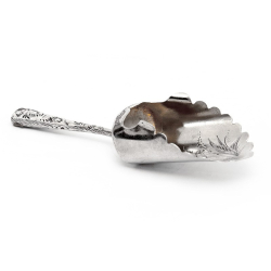 Victorian Silver Shovel Shaped Tea Caddy Spoon with a Beautifully Engraved Floral Scene
